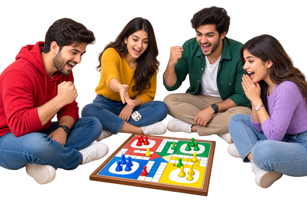 Friends and family enjoying a game of Ludo together